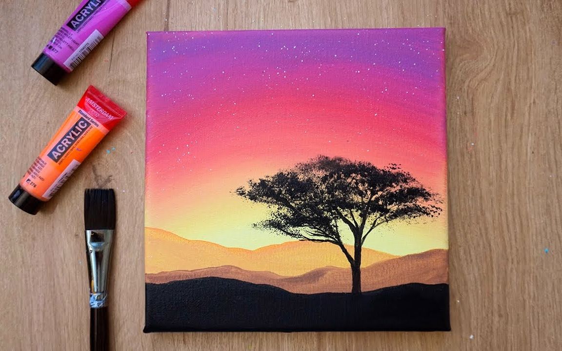 【丙烯画】【新手向】【中字】非洲的日落African Sunset  Acrylic  Painting Technique哔哩哔哩bilibili