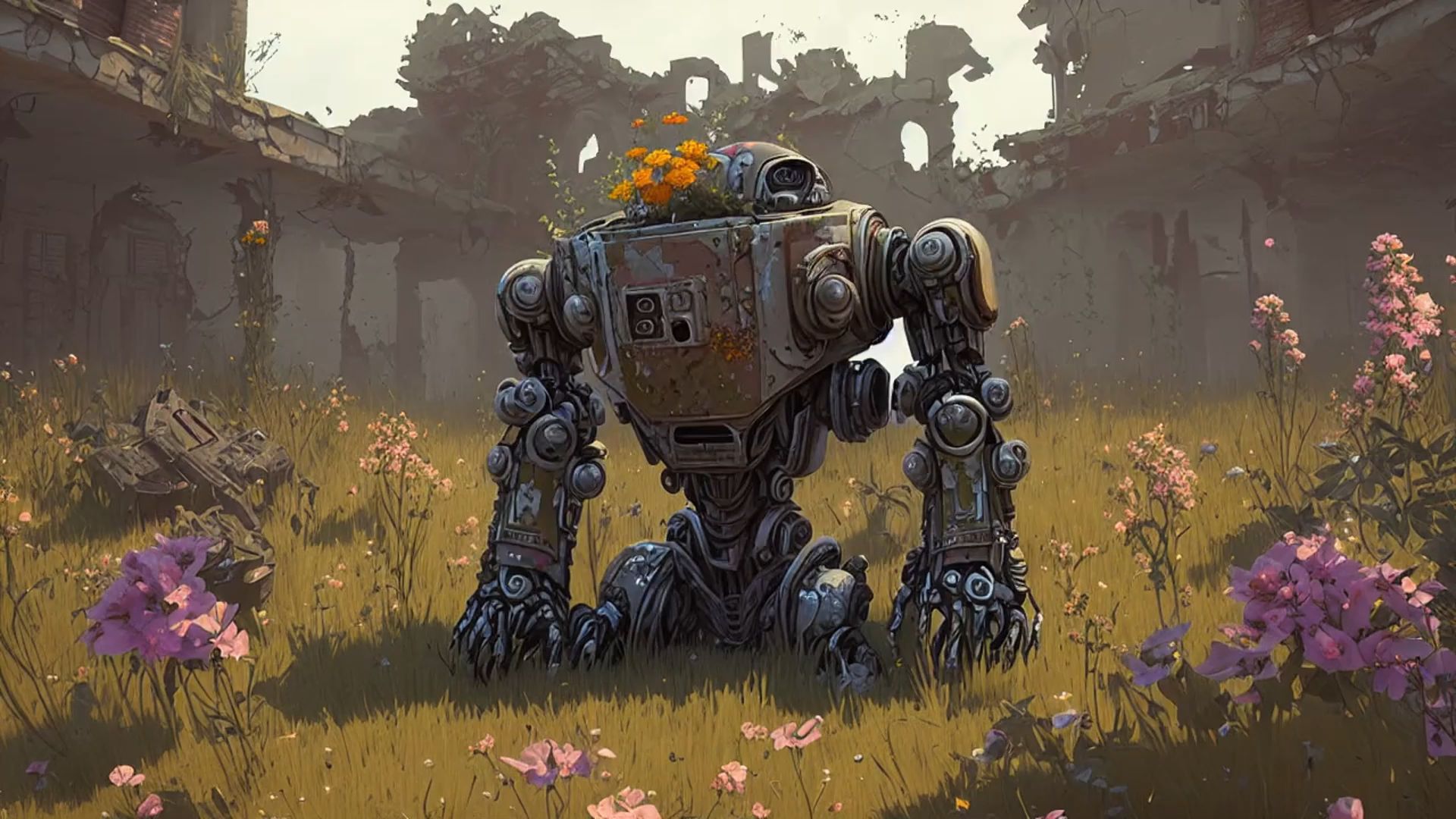 废弃机器人在花海中迷失:寻找意义