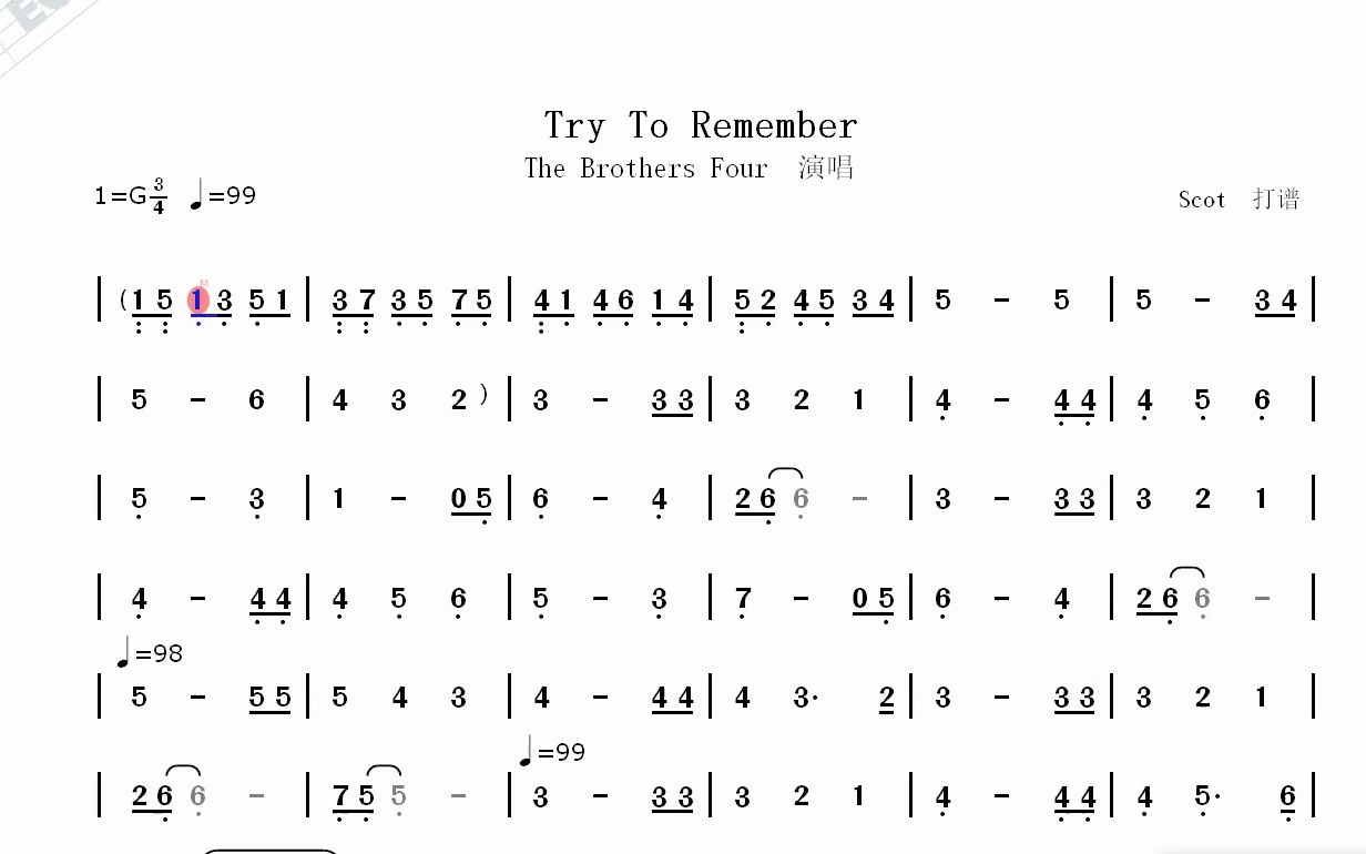 [图]【欧美金曲】Try To Remember--The Brothers Four演唱--动态简谱