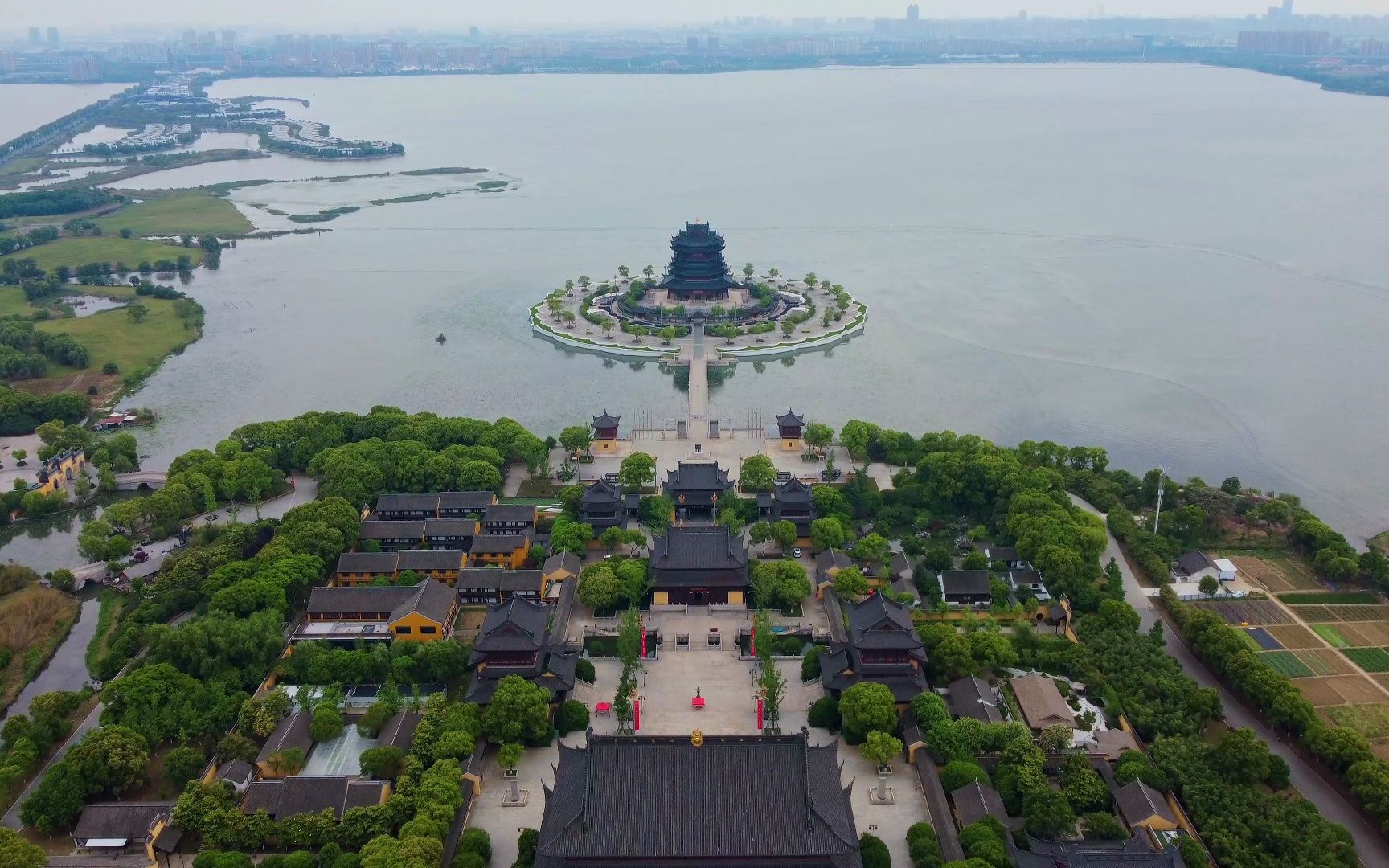 航拍蘇州陽澄湖,重元寺