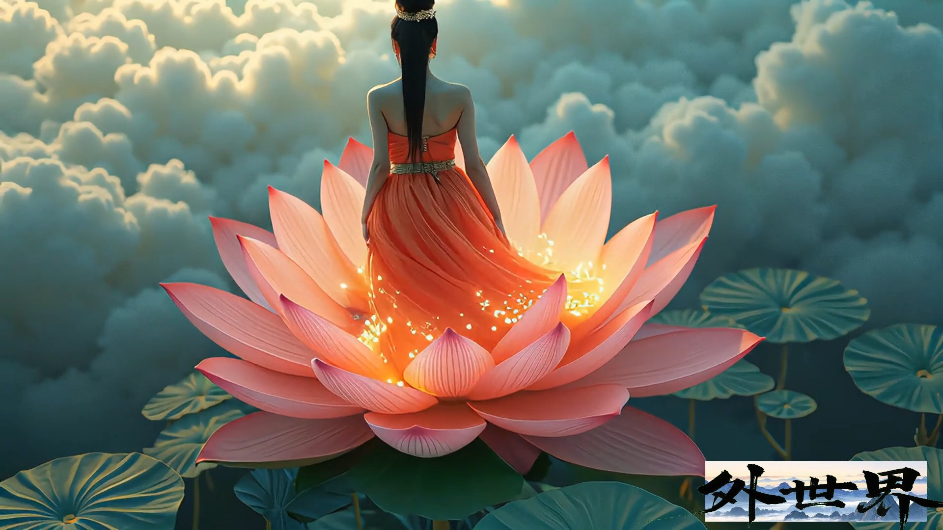 云上瑶池荷花仙子现世仙女穿着发光裙子站在莲花上跳舞