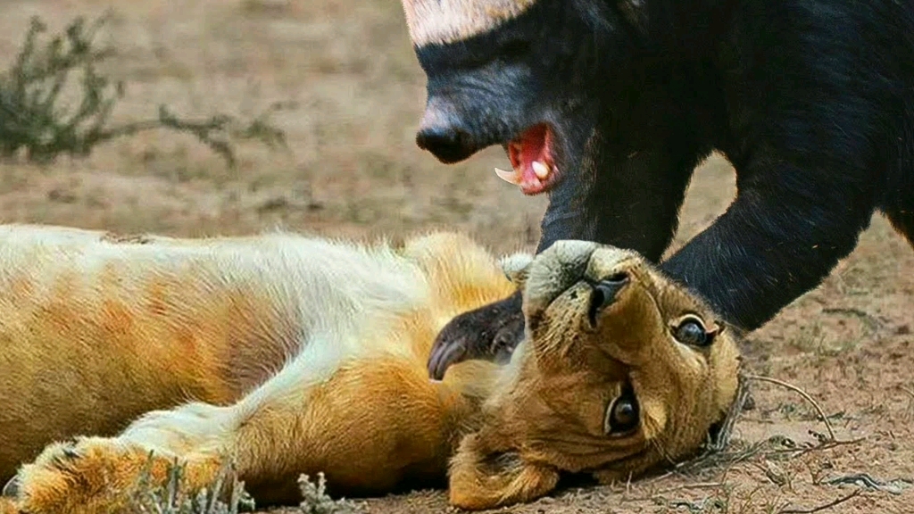 狮子拦截蜜獾想吃点野味,不料被蜜獾一顿收拾制服,眼睁睁的着大餐溜走