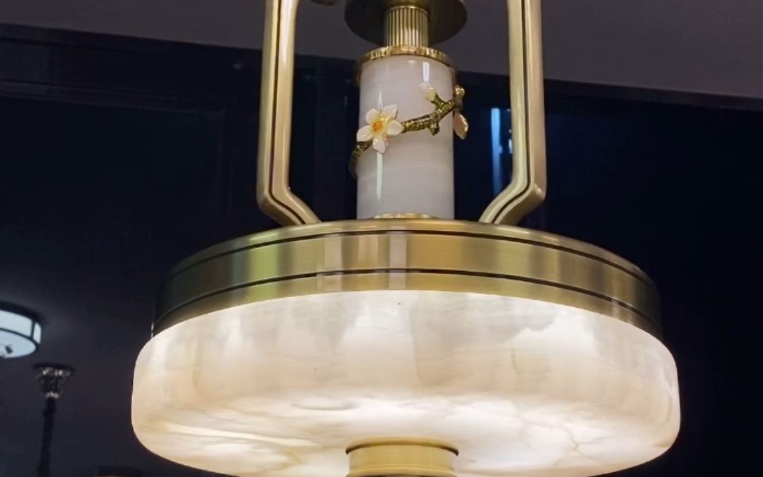 新中式玄关单头吊灯入户门厅云石灯具中国风全铜玉石灯走廊过道灯