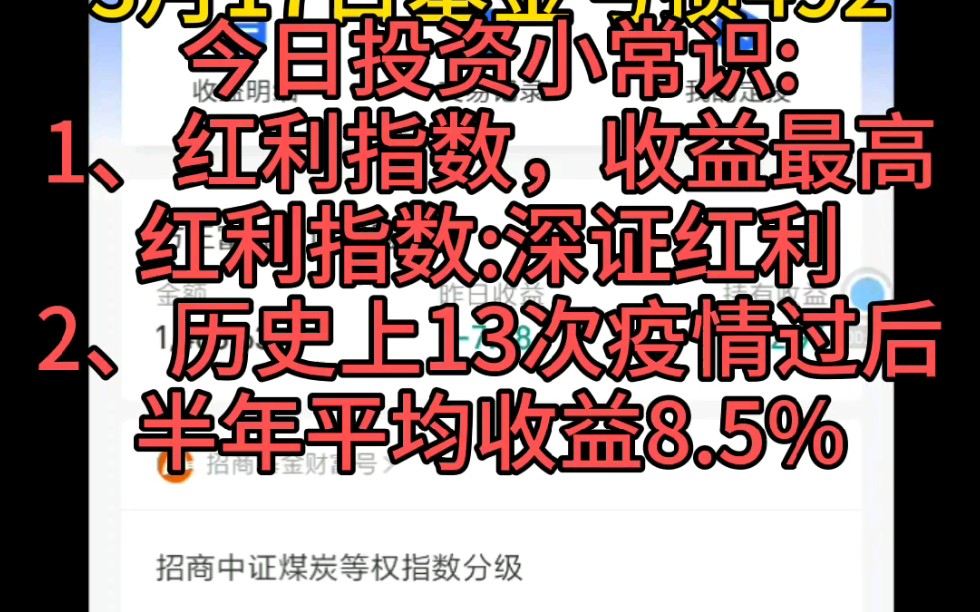 今日投资小常识:1、红利指数,收益最高的红利指数:深证红利;2、历史上13次疫情过后,半年平均收益85%哔哩哔哩bilibili