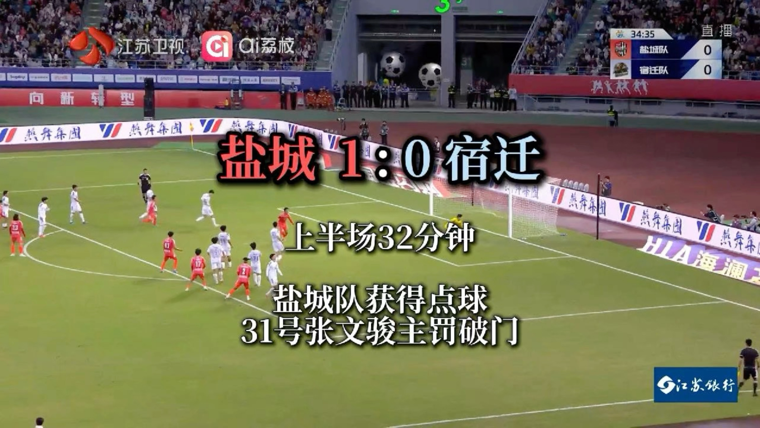 #苏超盐城vs宿迁  上半场进行到第32分钟，盐城队获得点球31号张文骏主罚破门，将比分改写为盐城队1:0宿迁队