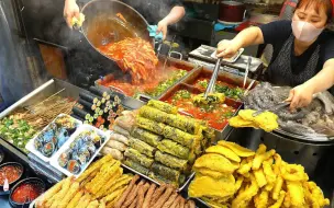 Скачать видео: 【韩国街边美食制作】12种小紫炸紫菜包饭、糯米肠和香辣大葱鱼饼炒年糕！