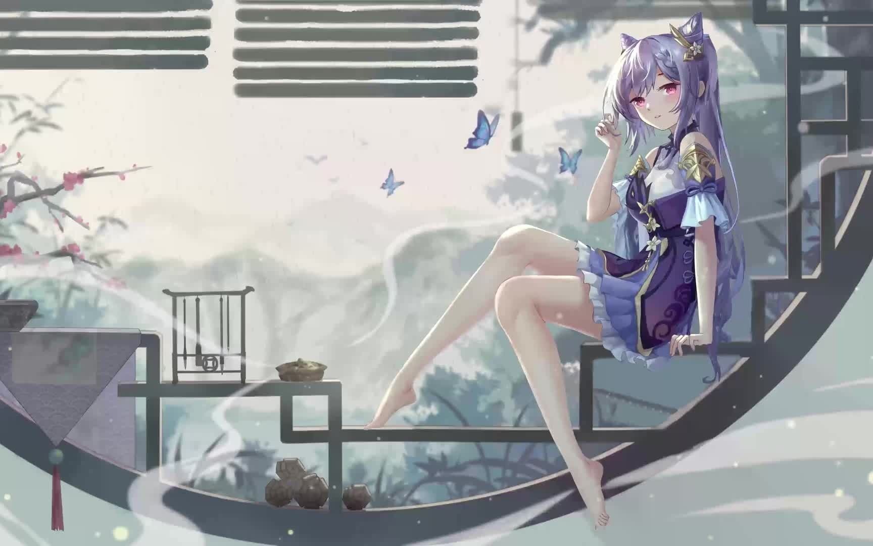 窗前喝酒的少女