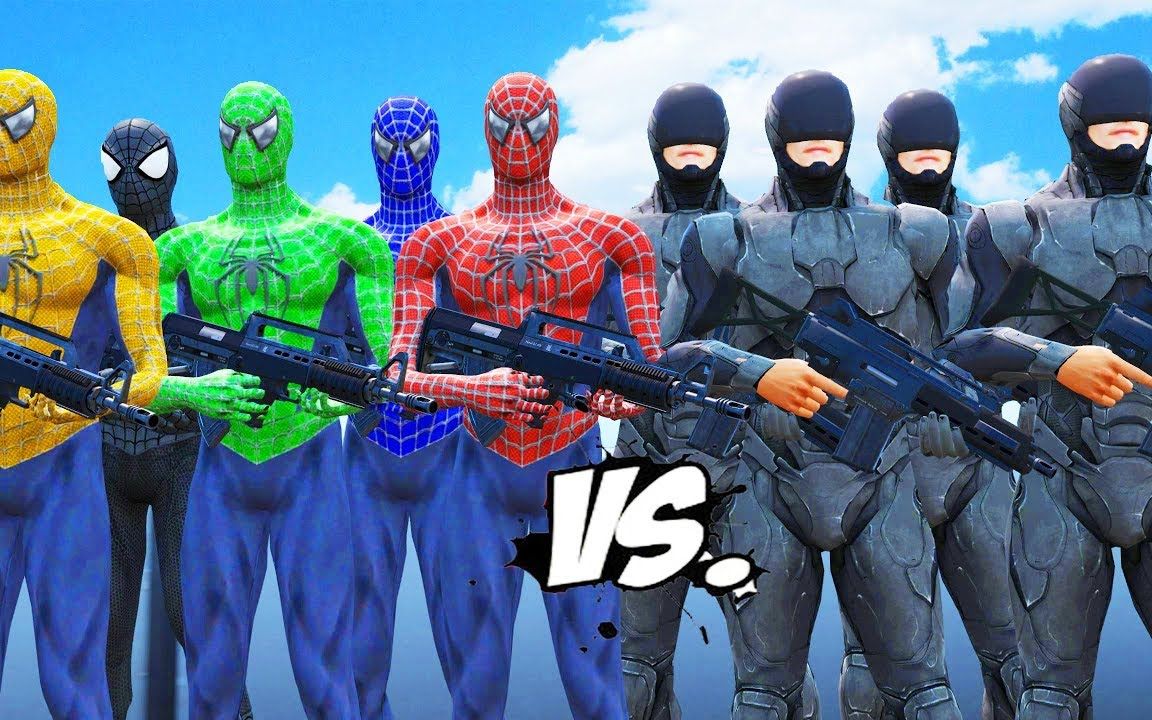 红,黄,蓝,绿蜘蛛侠,开大皮卡狂飙黑衣人