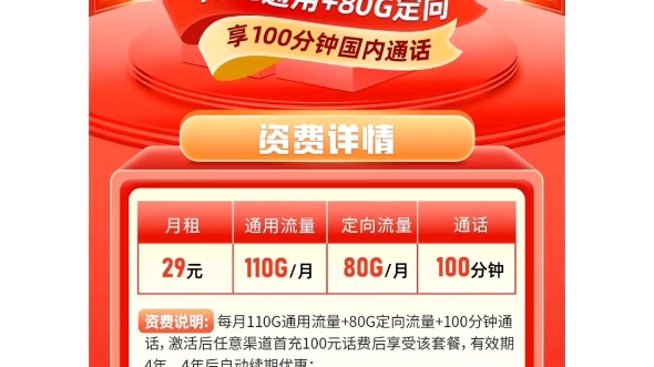 正规联通卡,可以打客服电话10086,月租费29元,190个G流量,100分钟通话,充100元得100元话费,扫右下角的二维码填写准确信息,京东快递员上门...