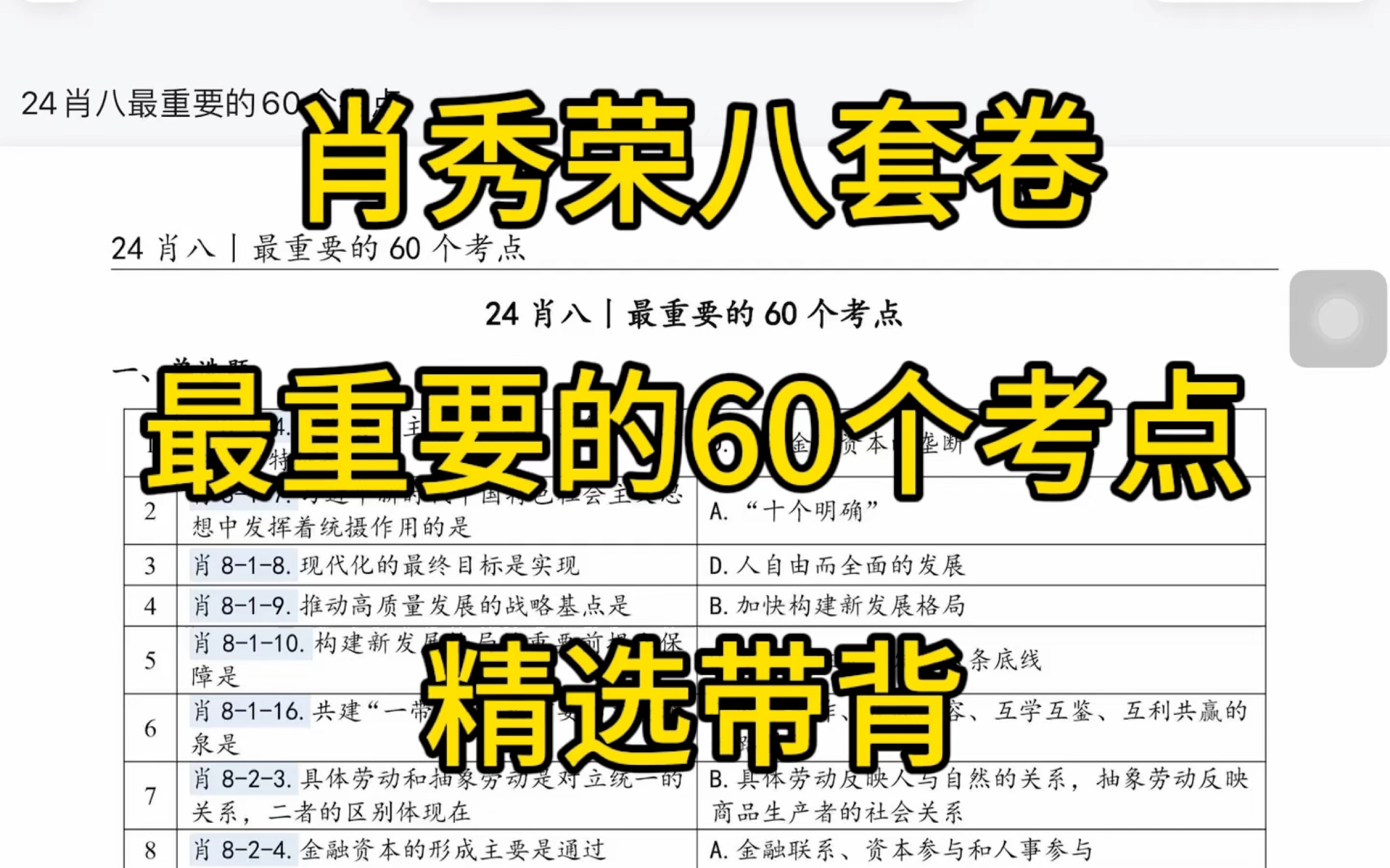 [图]肖秀荣八套卷：最重要的60个考点。考研政治带背。