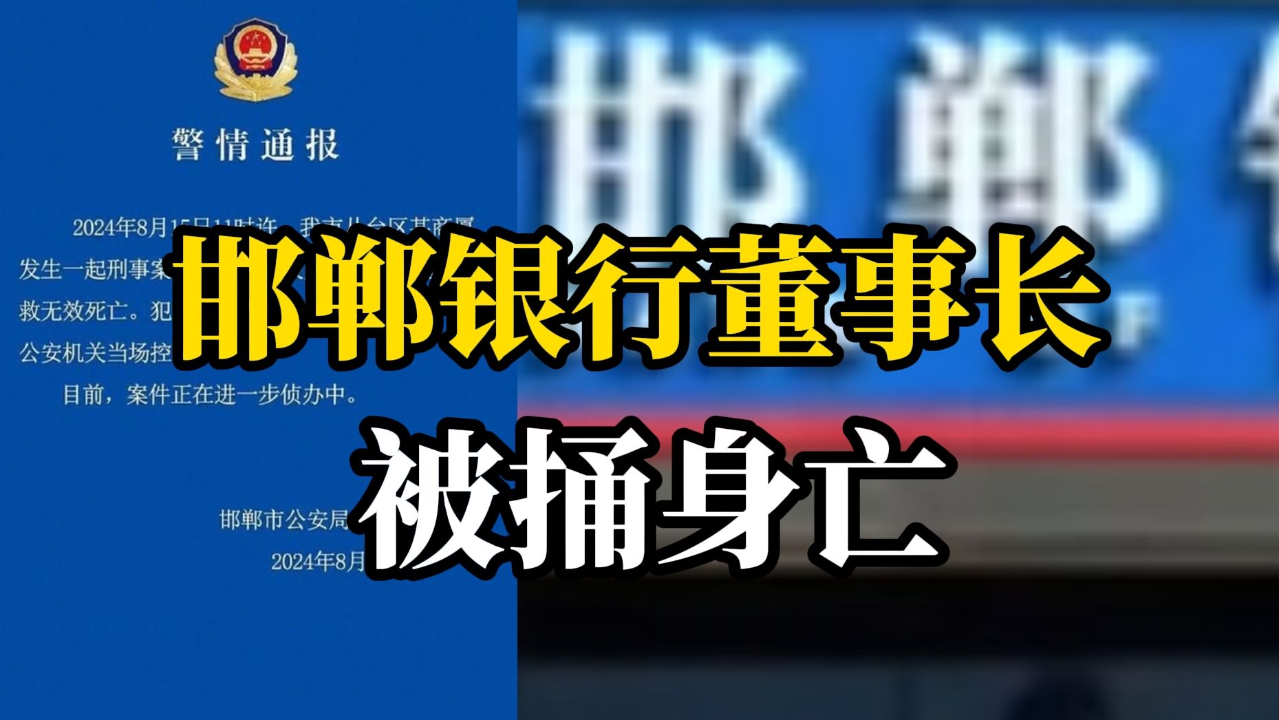 邯郸银行董事长被人捅伤身亡,警方通报:54岁嫌疑人被当场控制哔哩哔哩bilibili