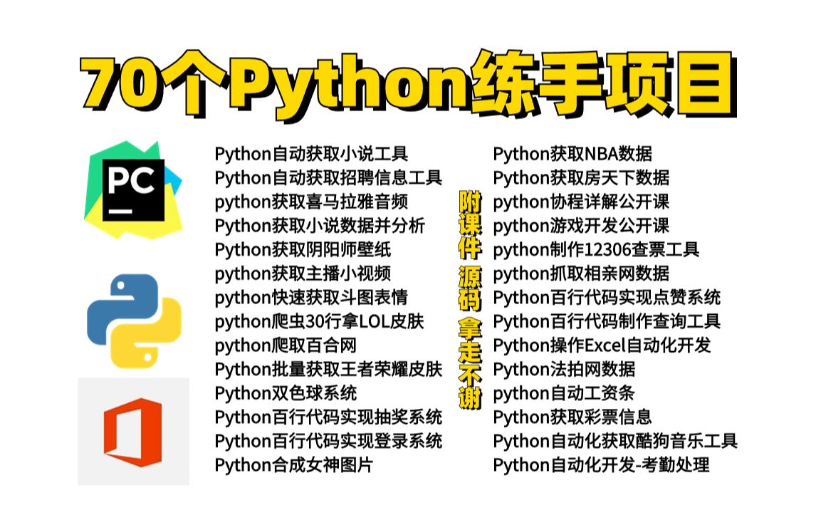 [图]70个Python练手项目，手把手教学（附资料源码数据库等文件），小白练完即可寻找兼职，快速夯实Python基础，学不会退出IT界