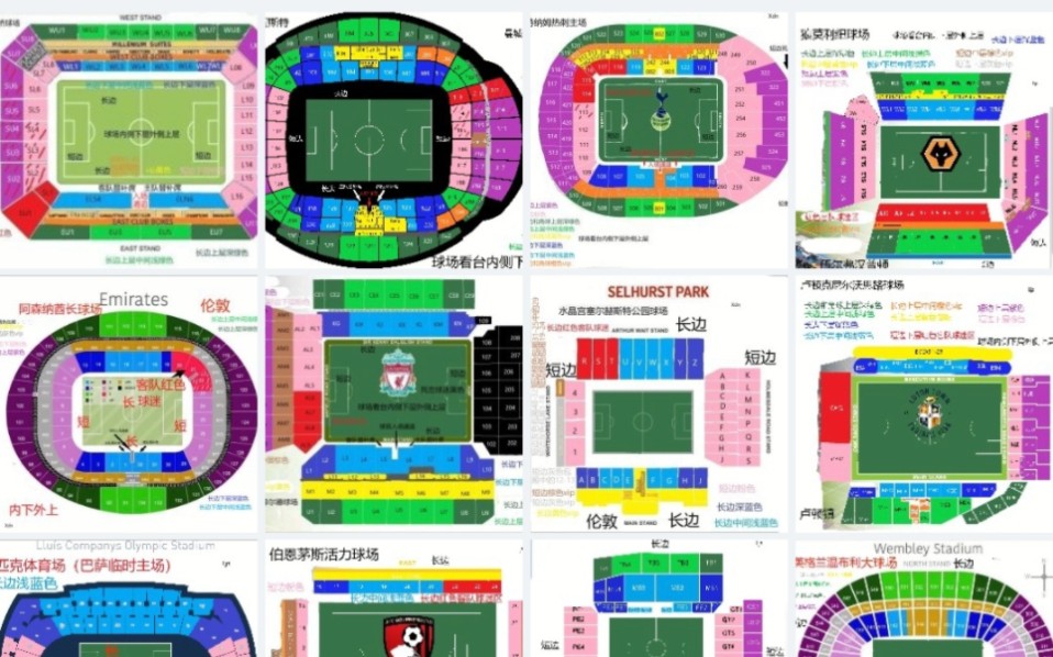 英超球场20232024赛季20队主场分区平面图 利物浦阿森纳维拉曼城热刺西汉姆联曼联布莱顿纽卡切尔西狼伯恩茅斯富勒姆布伦特水晶宫诺丁汉埃弗顿卢顿伯...