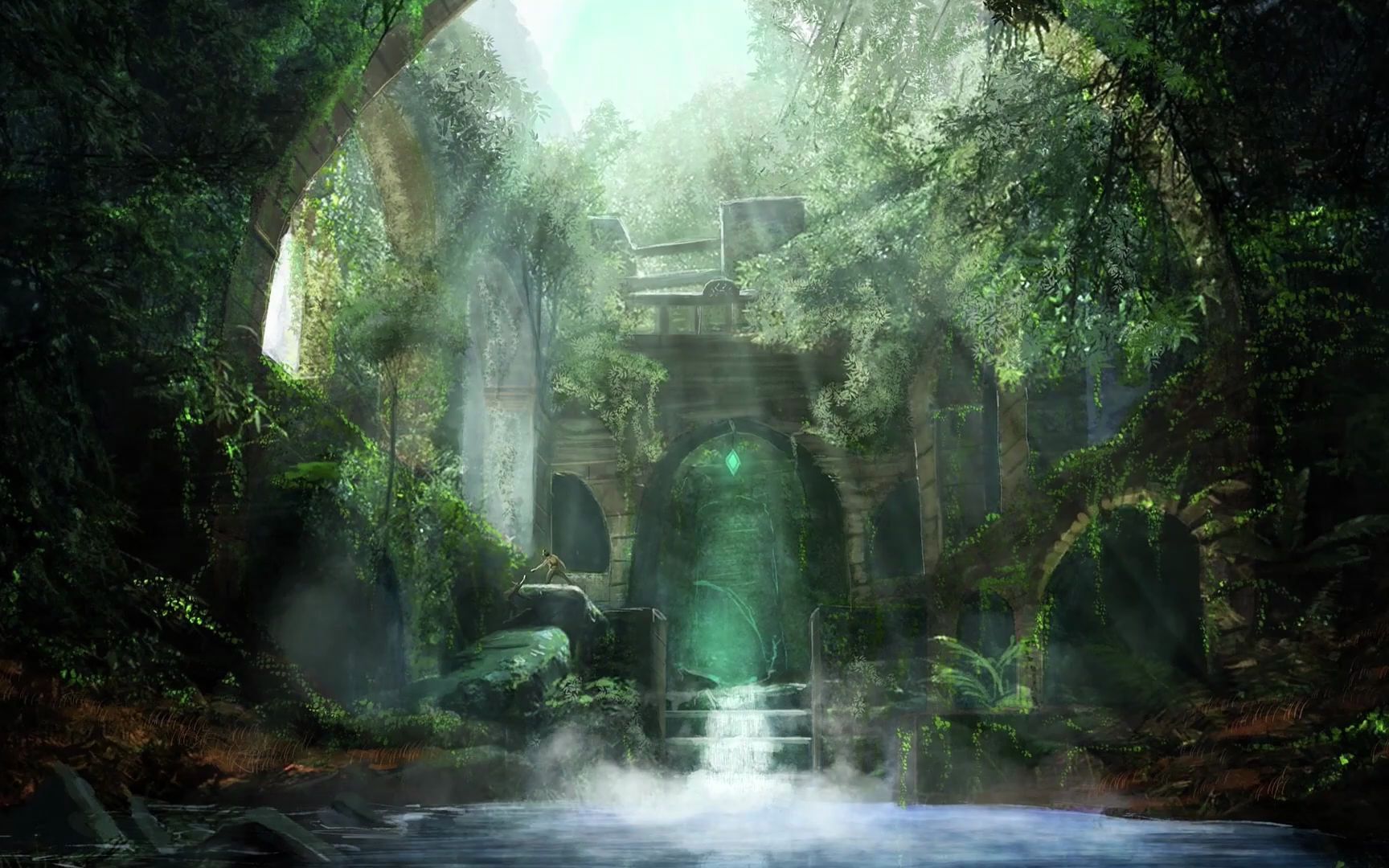 神秘的森林遗迹鸟鸣水流声自然声