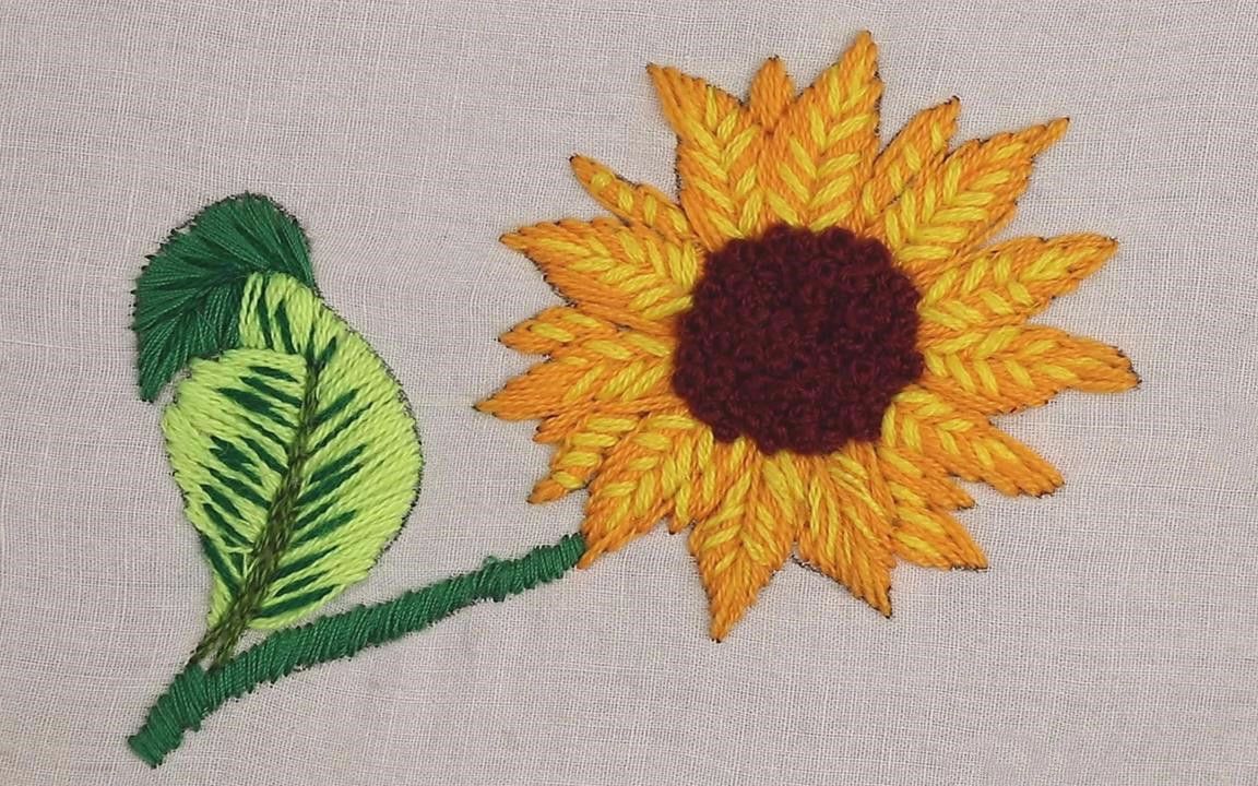 手工刺绣教程,向日葵图案的刺绣方法!
