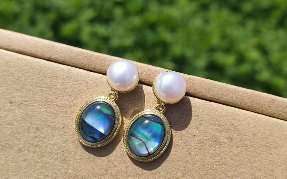 鲍鱼贝淡水珍珠s925耳钉