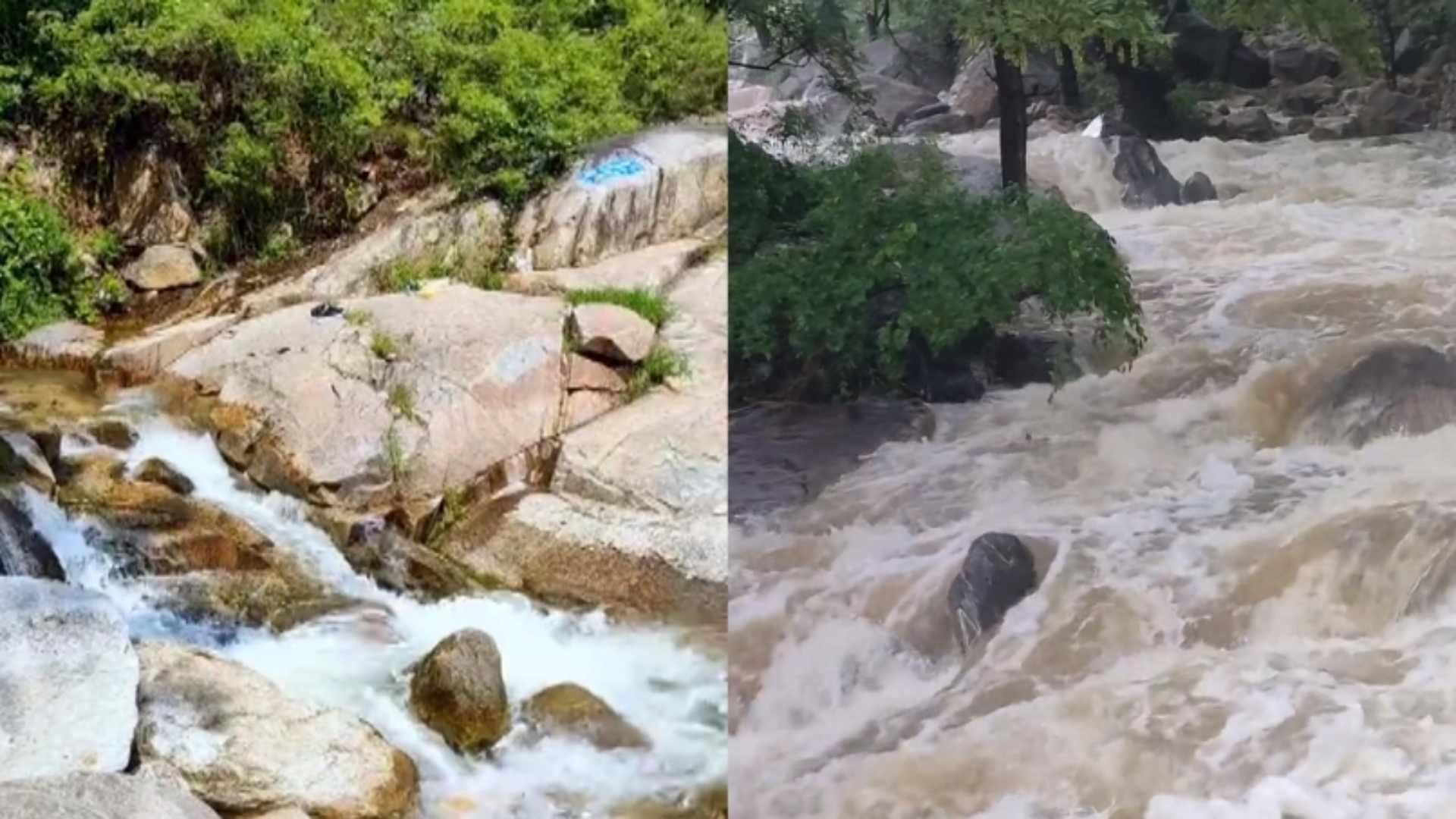 临沂蒙山百花峪山洪暴发前后对比:河水清澈见底,到洪水波涛汹涌哔哩哔哩bilibili