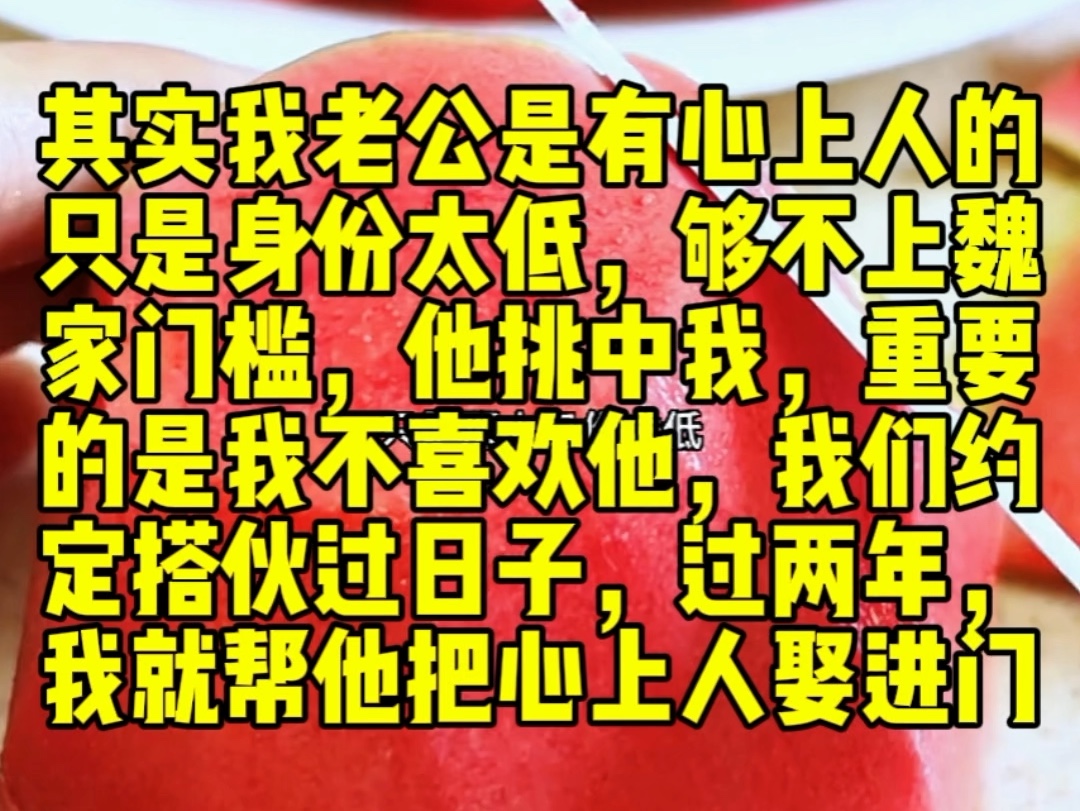 其实我老公是有心上人的,只是那人身份太低,够不上魏家的门槛,为长远计,他挑中了我,最重要的是我不喜欢他,我们约定好,搭伙过日子,再过两年,...