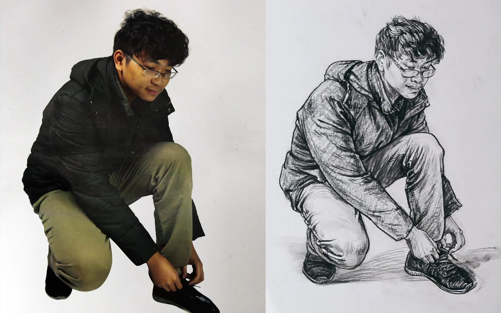 初级单人速写带眼镜的男青年蹲着系鞋带