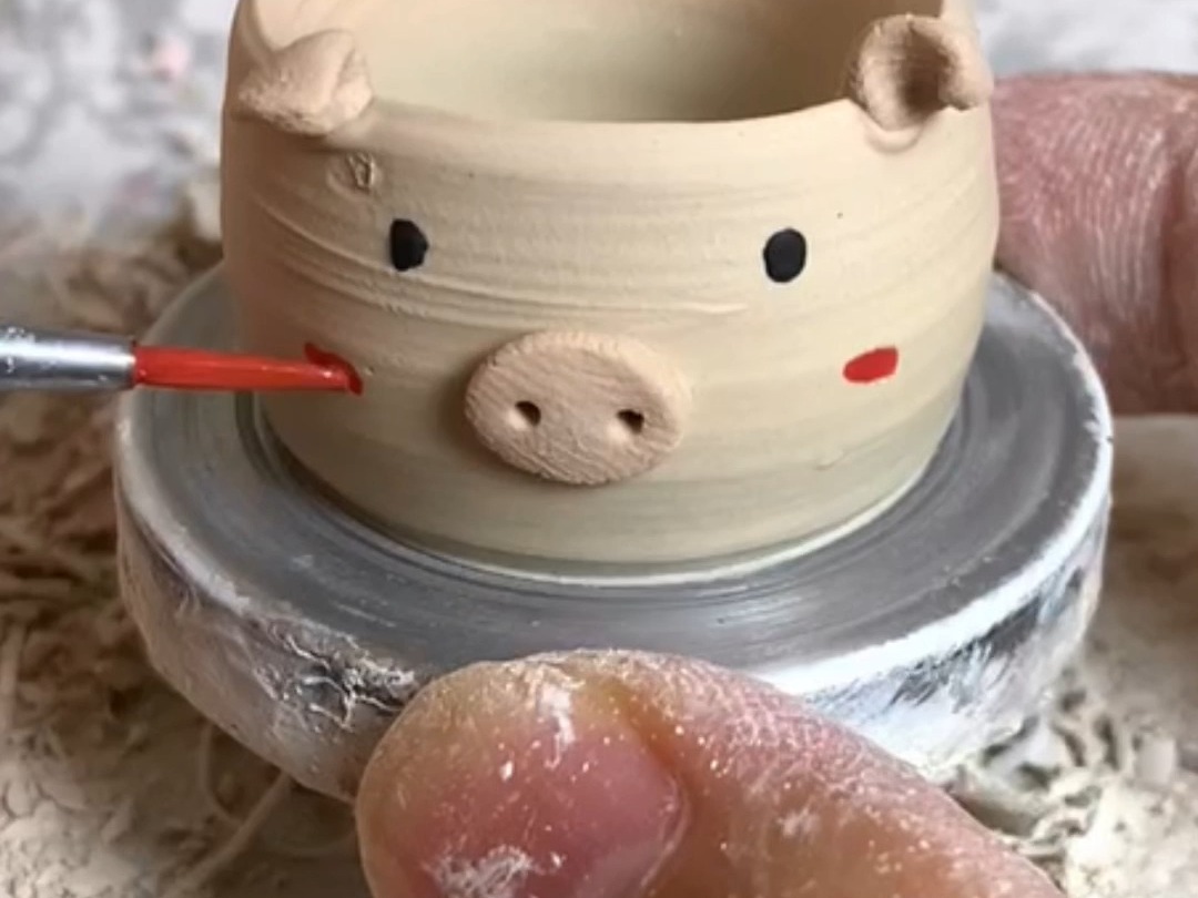 微缩手工陶艺,小猪猪拇指盆制作过程