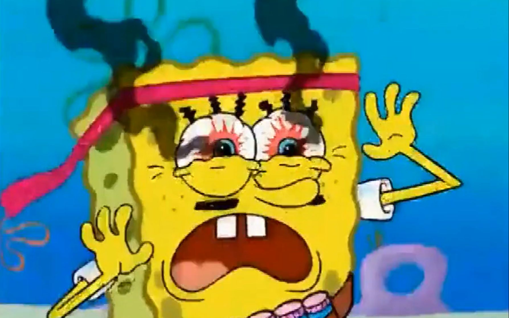 海绵宝宝通宵玩游戏,眼睛都上火了,直冒黑烟!