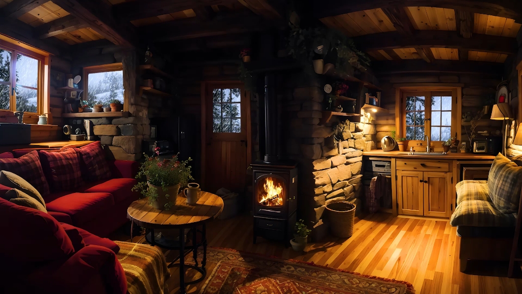舒适温暖的暴风雪小屋氛围 令人放松的雪景和噼啪作响的壁炉燃烧声