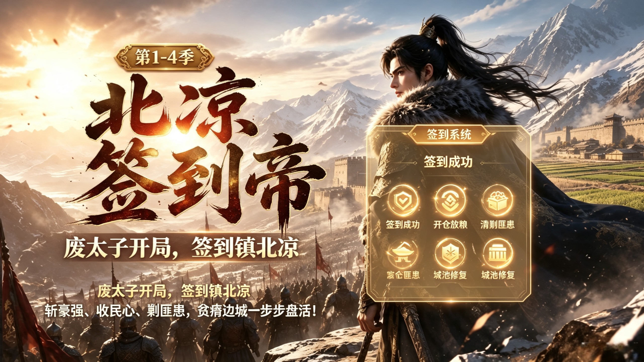 一口气看完，北凉签到帝，第1-4季，被贬北凉的废太子，凭借签到系统逆势崛起。他雷厉风行斩除地方豪强，开仓放粮收拢民心，清剿匪患、翻新城池，将贫瘠边城盘活。