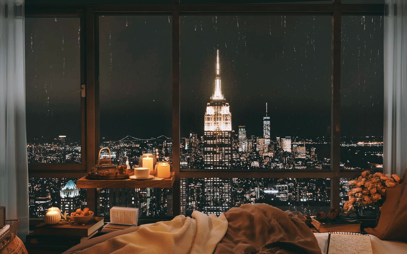 钢琴爵士乐4k丨爵士乐丨学习丨钢琴音乐丨放松丨落地窗丨夜景丨白噪音