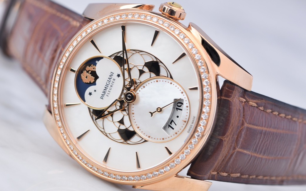 【售价73800rmb】品牌:帕玛强尼parmigiani 通达系列玫瑰金镶钻贝母面