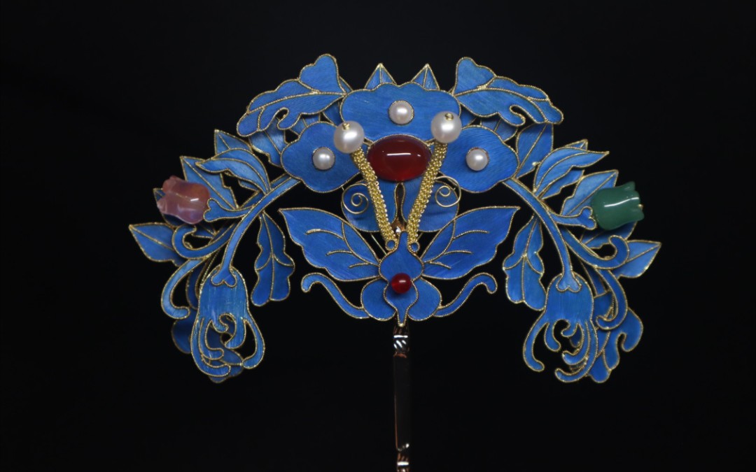 【挑战100只故宫文物发簪】系列二十一～仿点翠玛瑙珍珠蝶恋花发簪