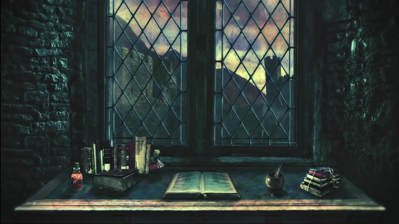 ma&aw丨哈利波特白噪音 雨时窗前的书桌 hogwarts window desk rainy