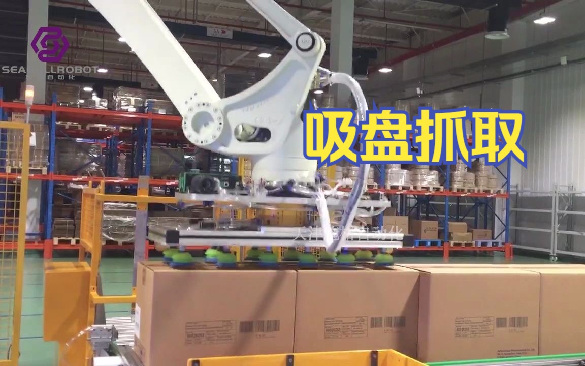 机械手抓取纸箱码垛,吸盘夹具定制,双抓单放效率高,垛形可定制,工业