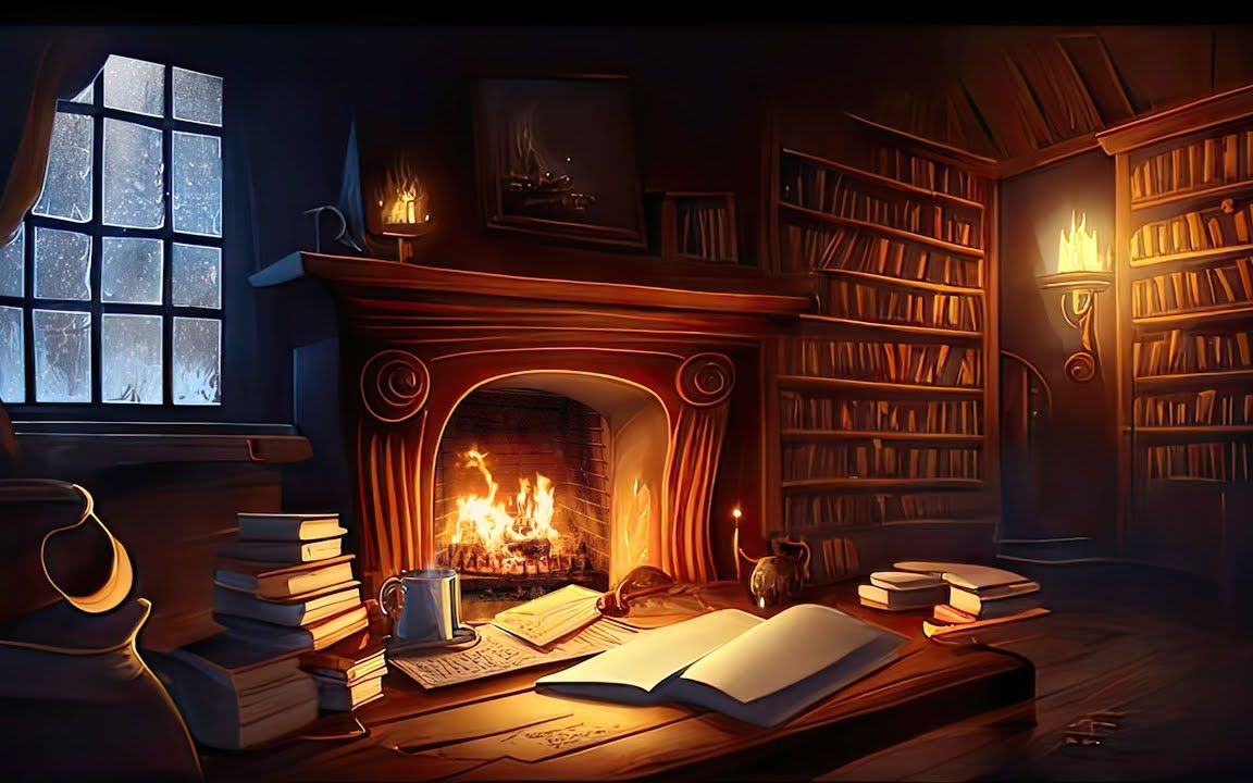 【白噪音】6小时丨童话风格的图书室:壁炉烧木头声 窗外下雨声