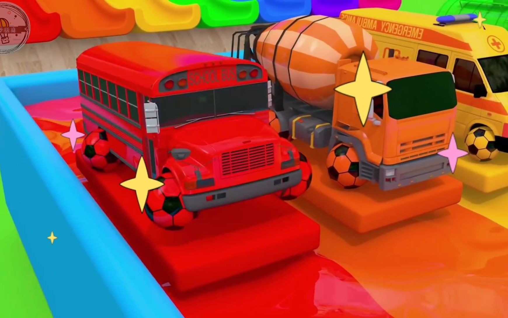 彩色球撞击搅拌车,翻斗车,垃圾车等工程车,认识颜色动画片