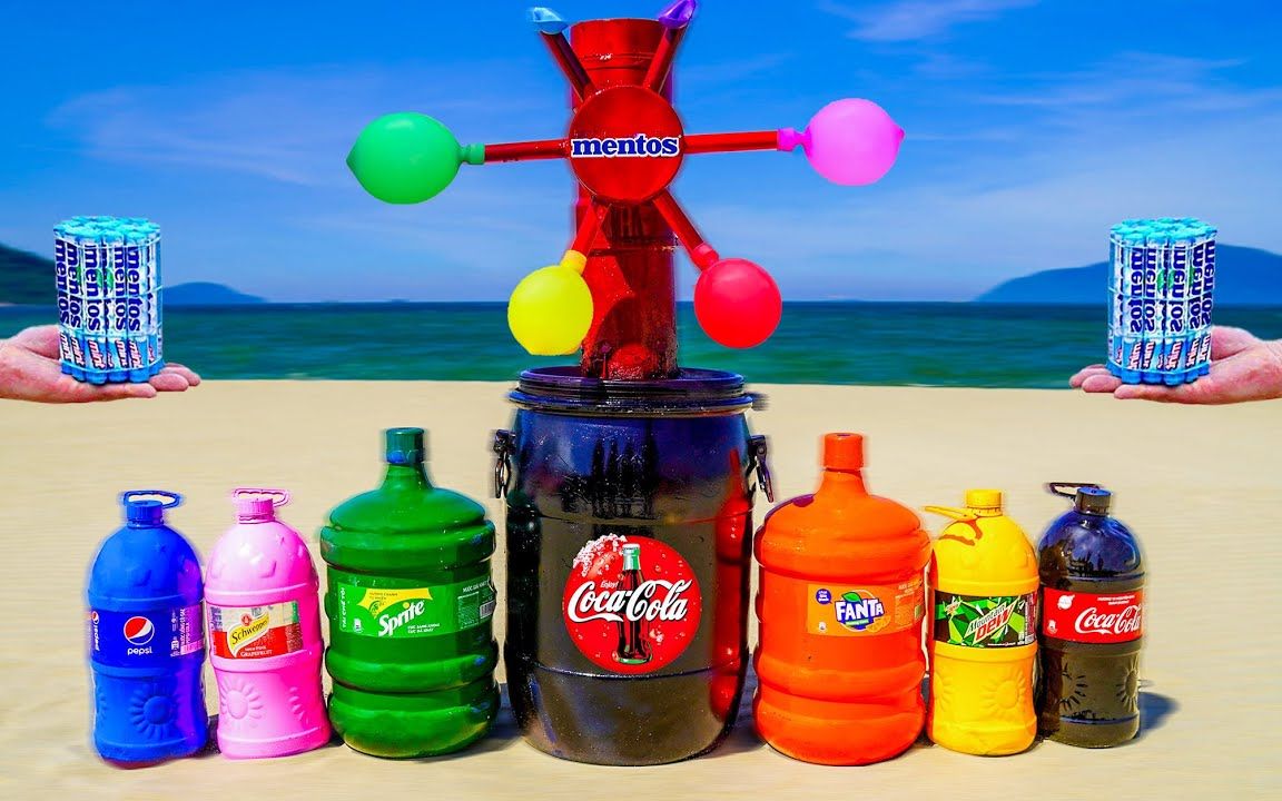 小哥拿来装有10升可乐的塑料桶加入曼妥思制作彩虹云