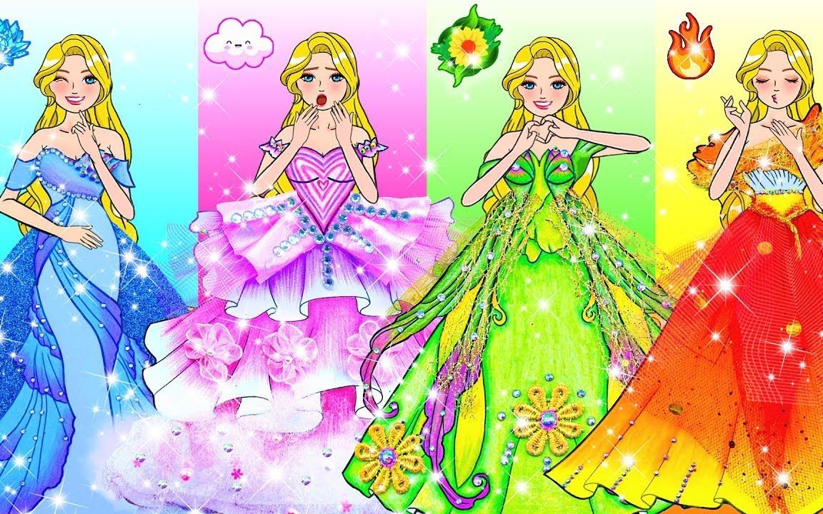 纸娃娃动画:四元素换装挑战,水火风植物元素,谁是最美公主?