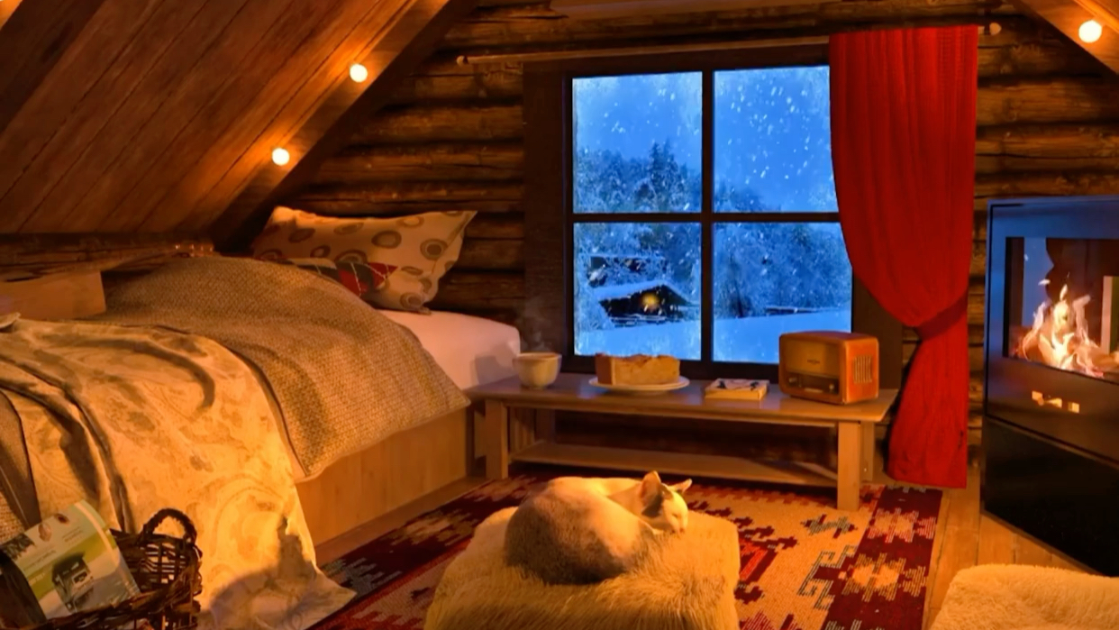 暴风雪天温馨冬日小屋,壁炉与怒吼的风雪声