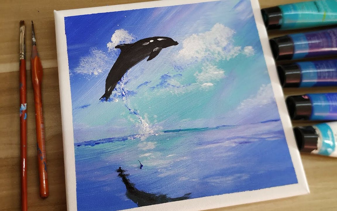 【丙烯画】【绘画教程】跃出水面的海豚-a dolphin leaps out of the