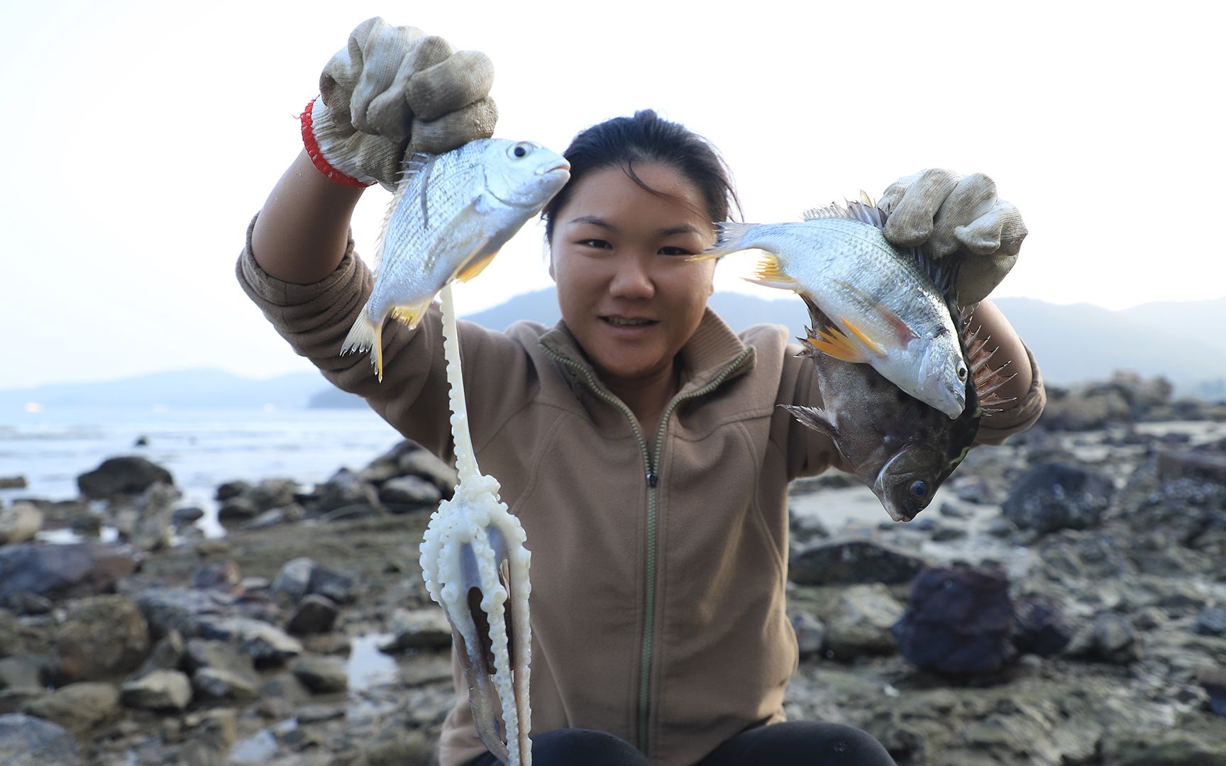 小渔出来赶海,八爪鱼,螃蟹,腊鱼全收桶里,这次出来太值了