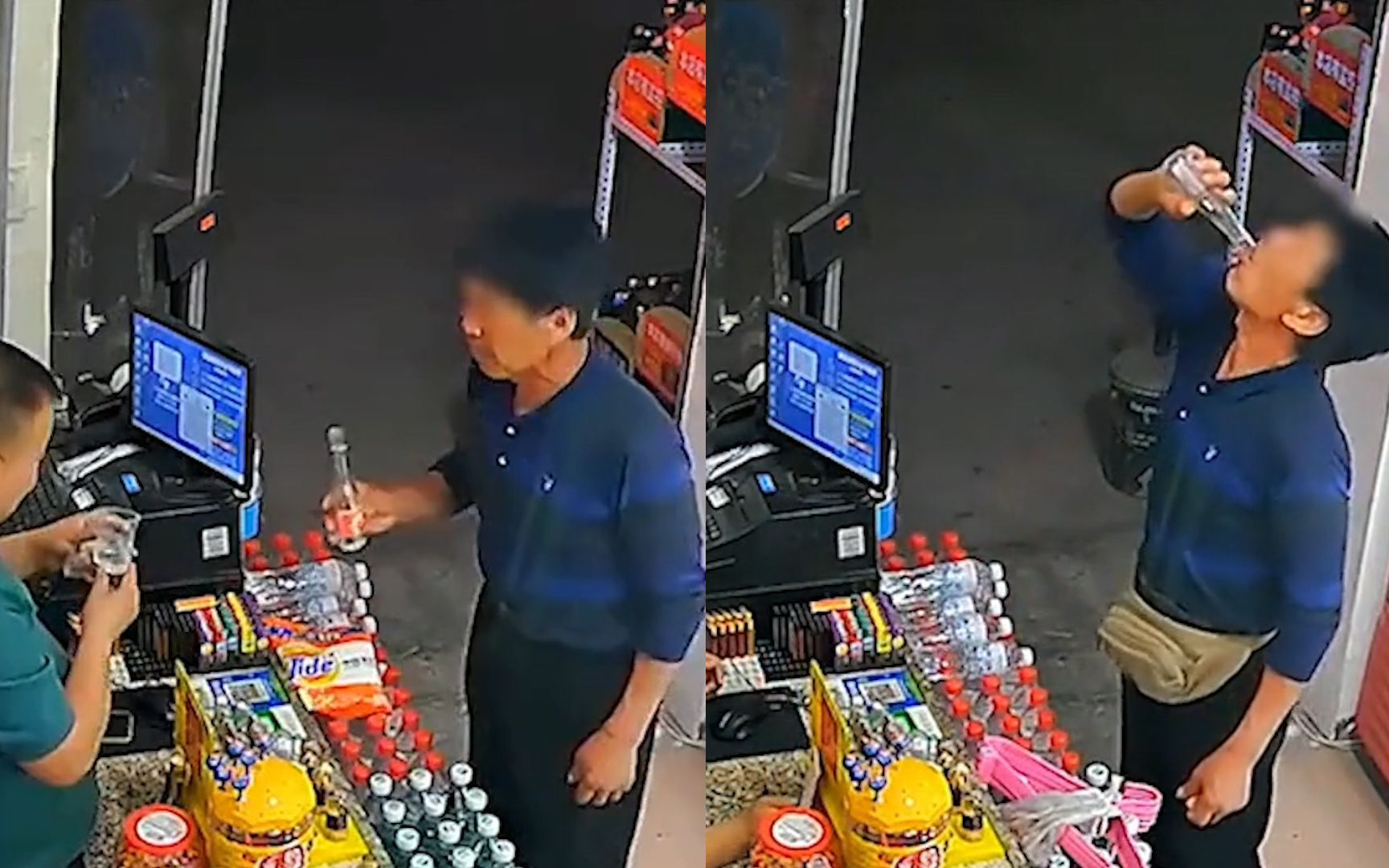 男子买白酒刚付完钱,两口将一瓶酒喝完,老板在一旁当场看懵