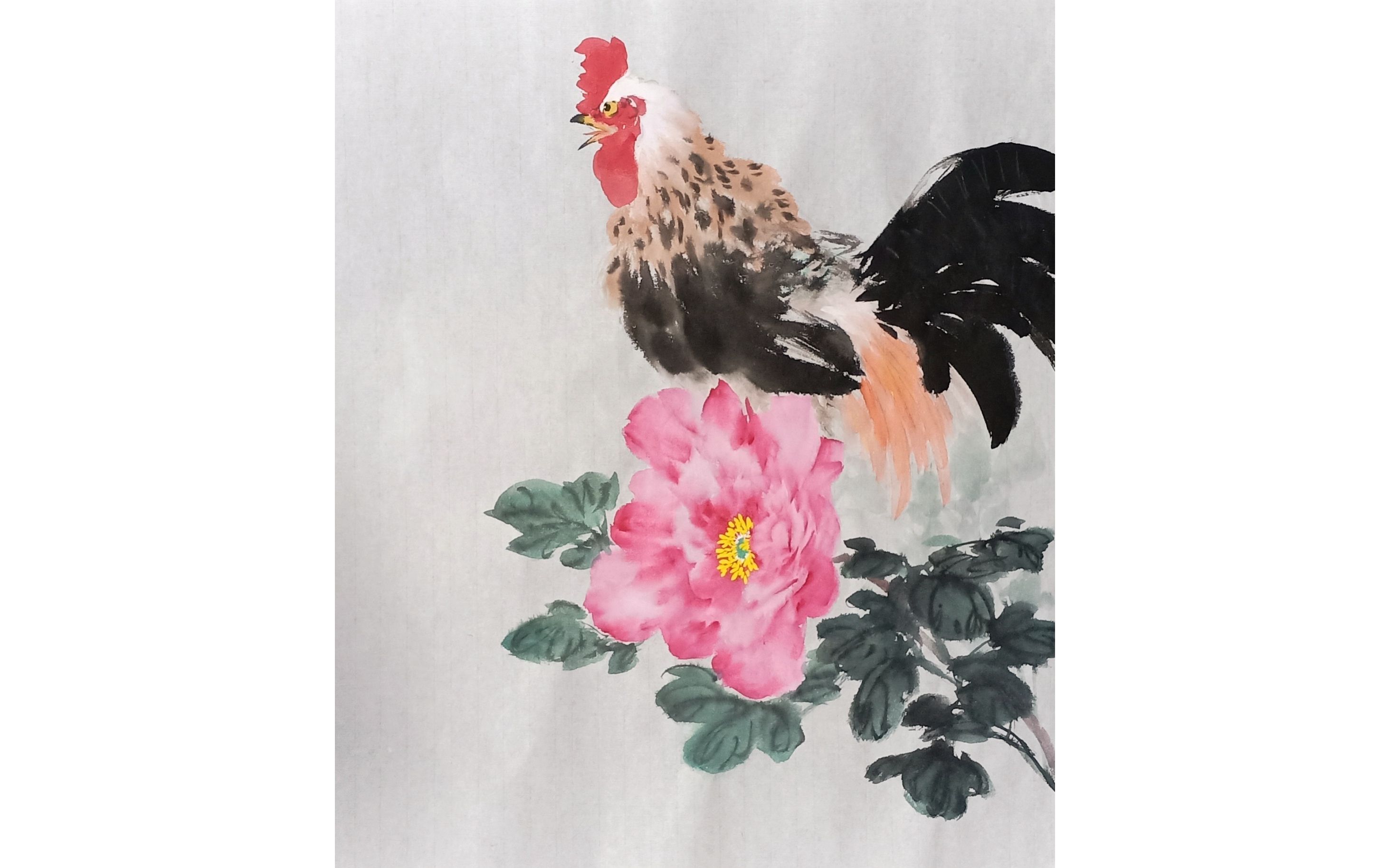 牡丹公鸡国画作品图片