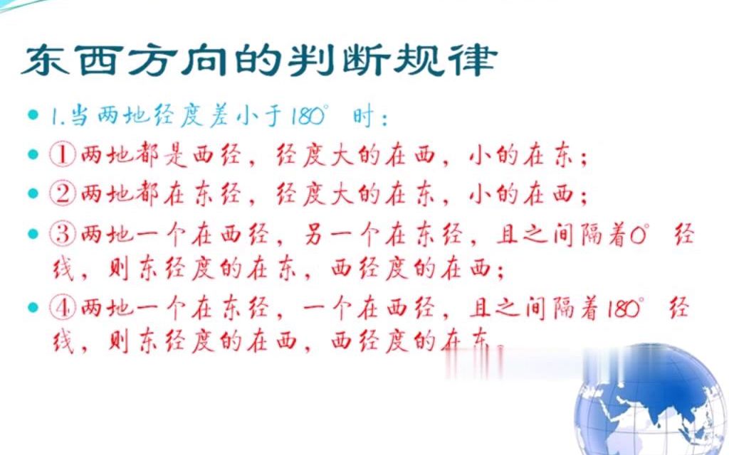 [图]方向、经纬网、判读、南北关系、东西关系、确定方向、纬度、经度、经度差、本初子午线、180度经线、局部（7.5分）