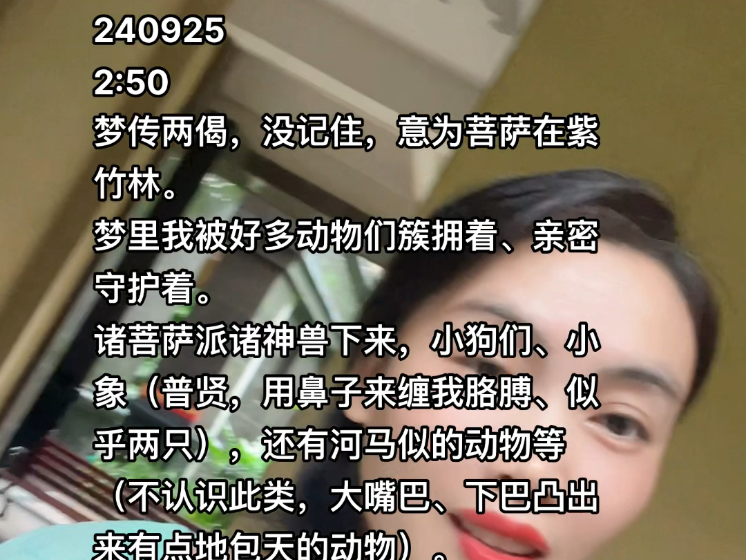 2409252:50梦传两偈,没记住,意为菩萨在紫竹林.梦里我被好多动物们簇拥着、亲密守护着.诸菩萨派诸神兽下来,小狗们、小象(普贤,用鼻子来哔哩...