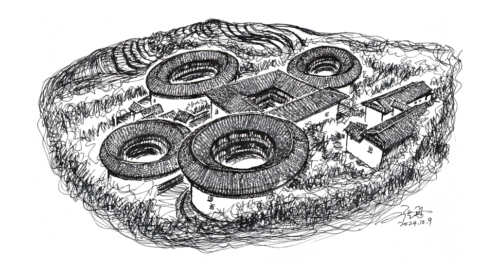 钢笔手绘土楼群068 #钢笔画速写#绘画过程分享#建筑手绘#钢笔速写