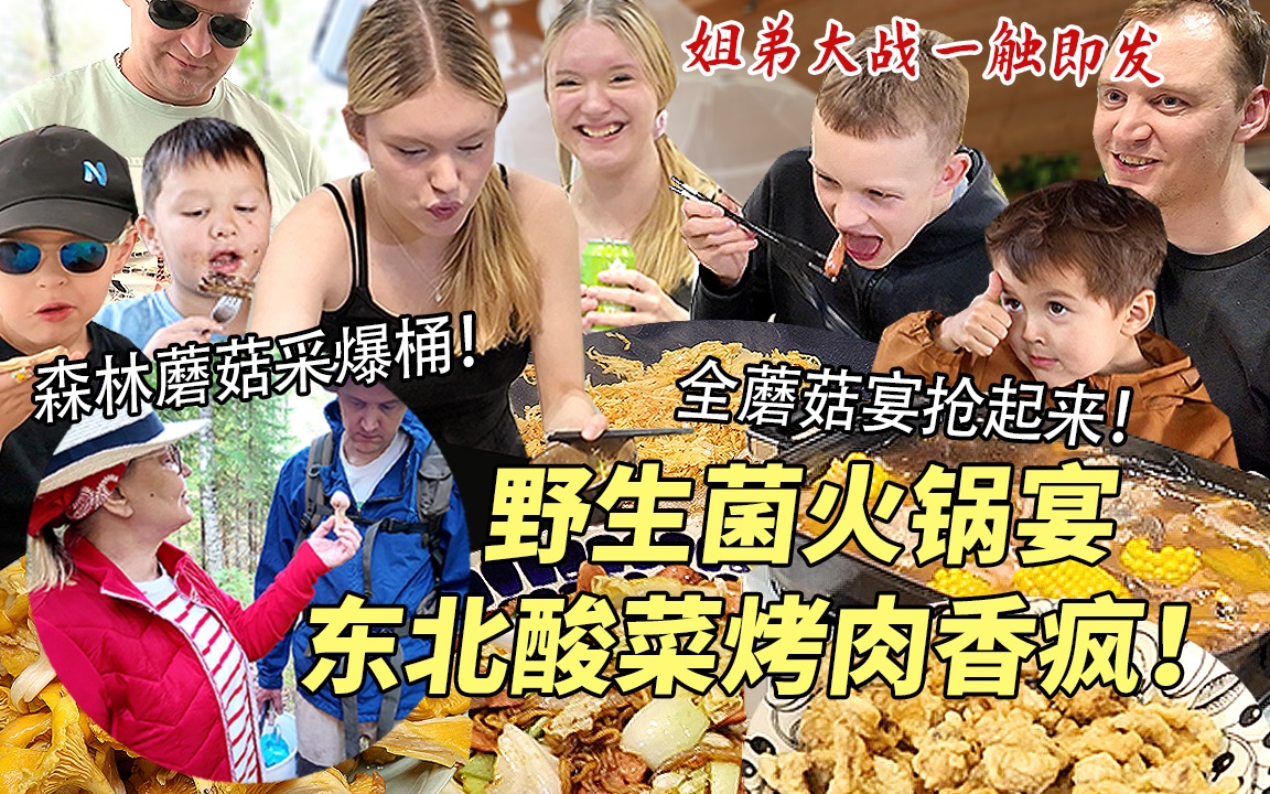 芬兰森林野生菌采爆桶做云南菌汤火锅鲜翻芬兰家人！狂啃东北酸菜烤肉聊八卦，姐弟大战全程高能笑疯啦！