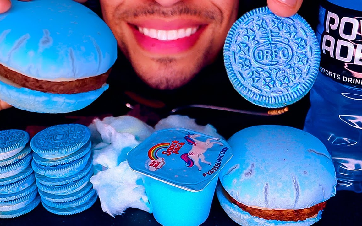 【jerry】蓝色主题派对:芝士汉堡 粤利粤 冰沙 棉花糖~!食音咀嚼音