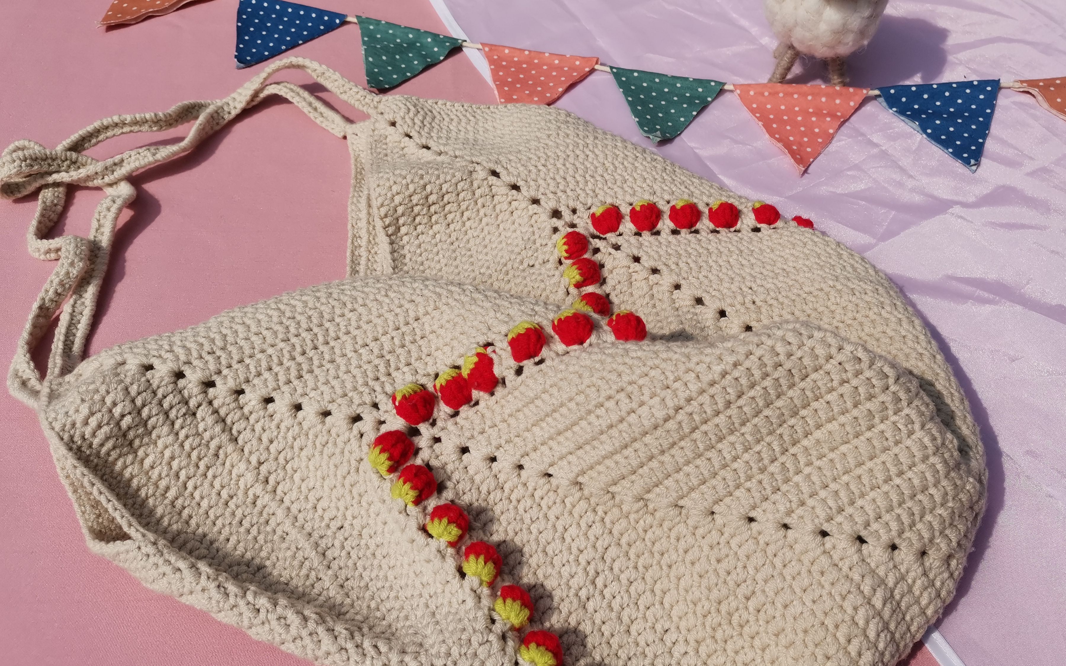 方底草莓菜篮子包毛线钩针新手视频教程森妈手工diy