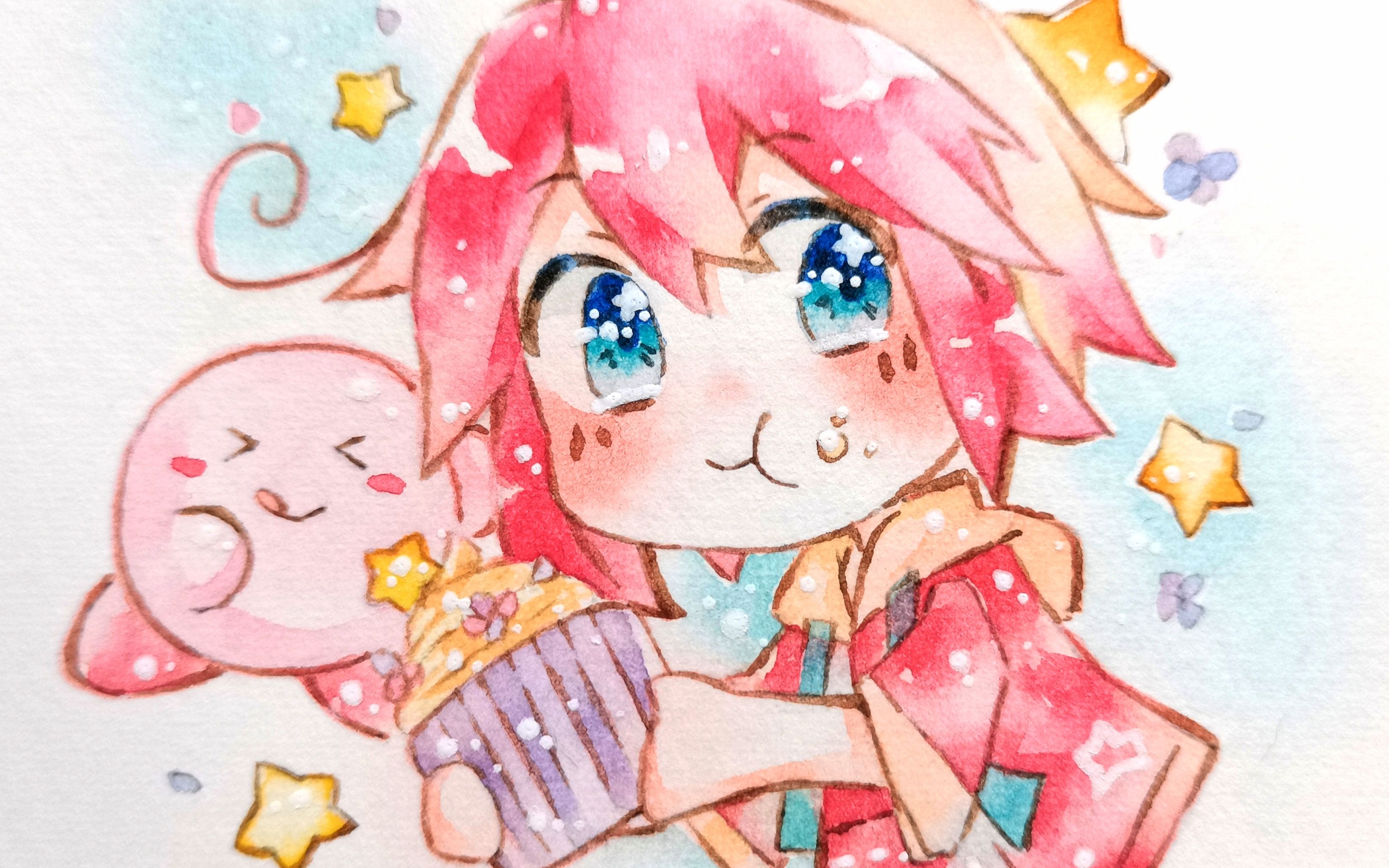 【水彩】要试试宴会上的蛋糕吗~卡比拟人【星之卡比】_哔哩哔哩