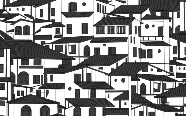 黑白灰仿国画中国建筑插画绘画过程