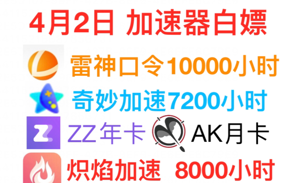 4月2日uu主播口令,雷神加速器10000小时、奇迹加速器7200小时白嫖,炽焰/NN/奇妙/迅游月卡周卡福利,免费加速器推荐网络游戏热门视频